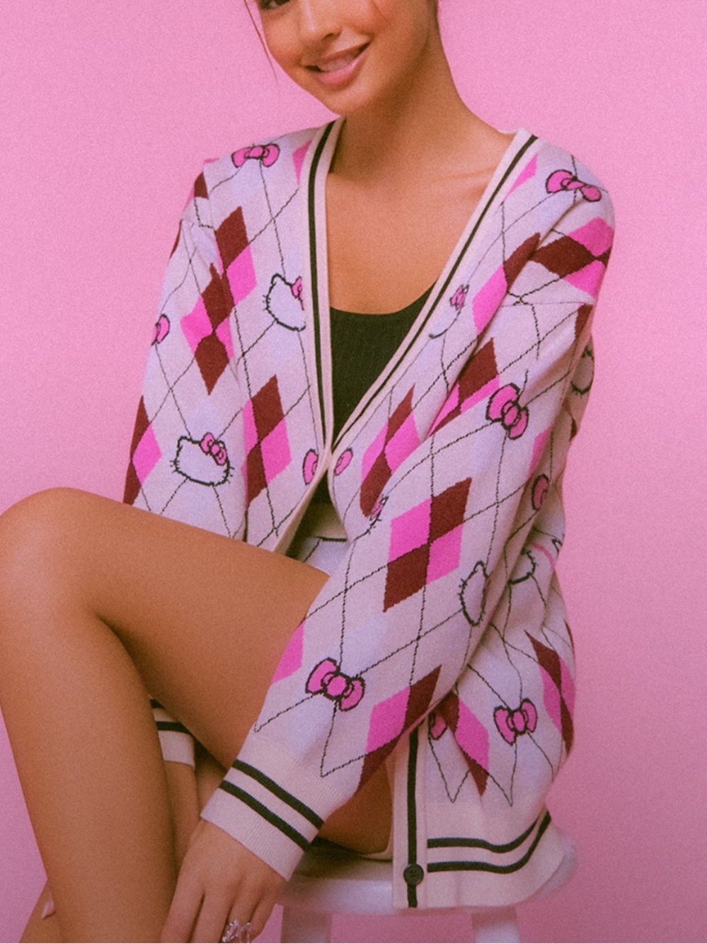 Hello Kitty Pink Argyle Cardigan with Bow Motifs